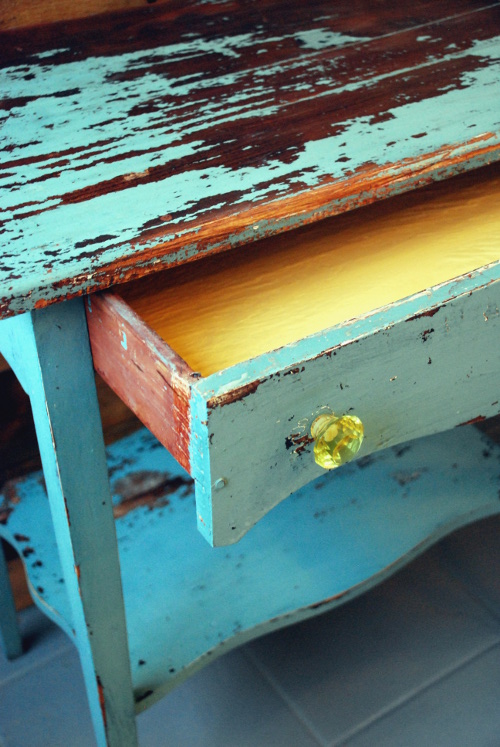 Pop of Annie Sloan's Arles in drawer with new yellow crystal knobs